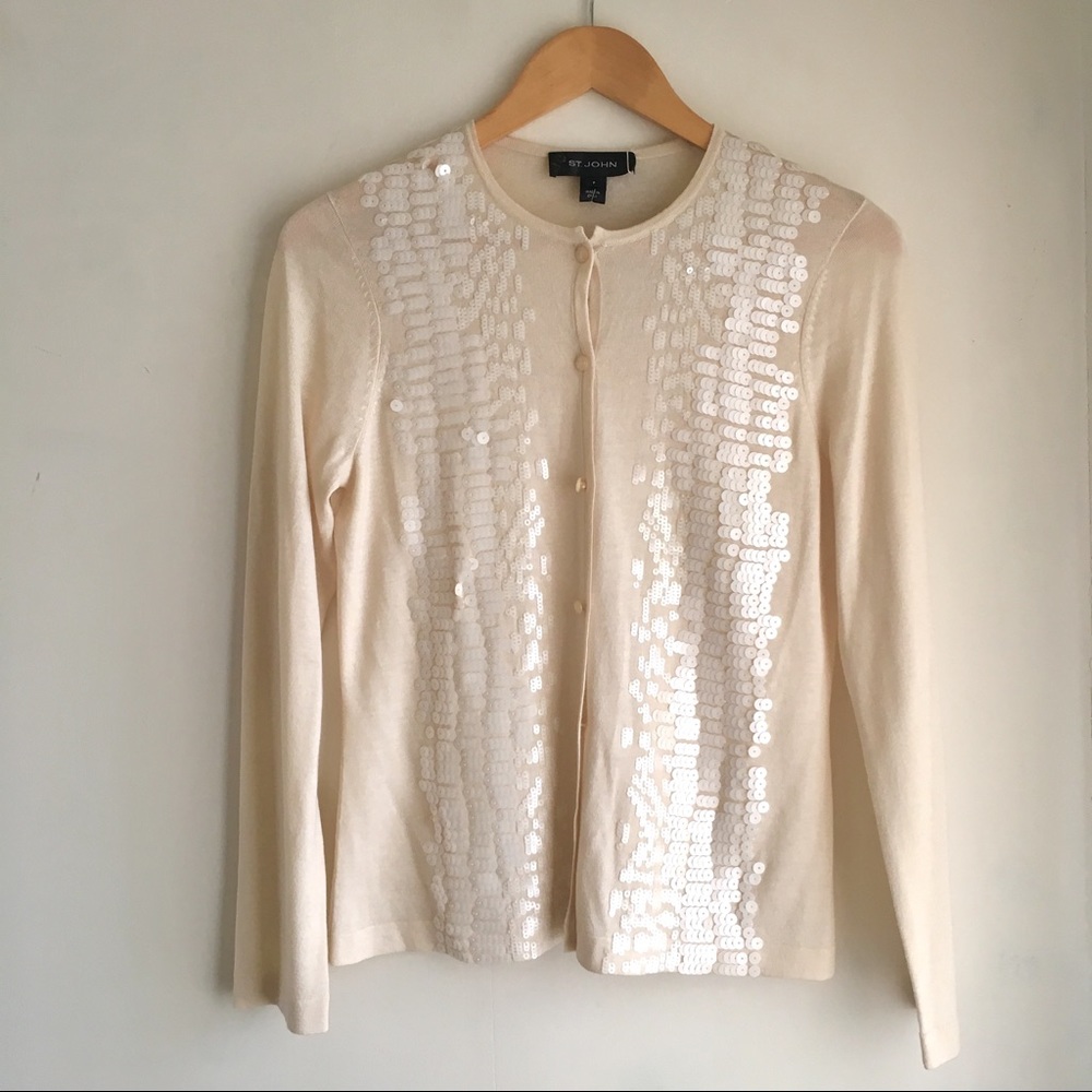 St. John Cream Cardigan Sweater With Sequins Small
